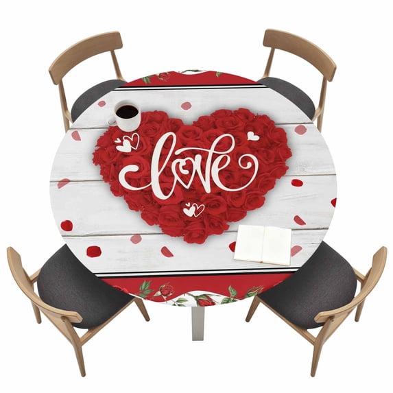 Valentine's Day Fitted Tablecloth with Elastic Edged, Round Table Cloth for Dining Table, Red Love Heart Roses Romantic Wooden Waterproof Oil Proof Table Cover for Indoor Outdoor 36"-44"