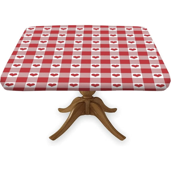 Valentine''s Day Fitted Tablecloth Square, Red Heart Sweet Love Elastic Edge Decor Table Clothes Waterproof Wrinkle Resistant Polyester Table Cover for Garden Patio Picnic Use, Fits 36" x 36" Table