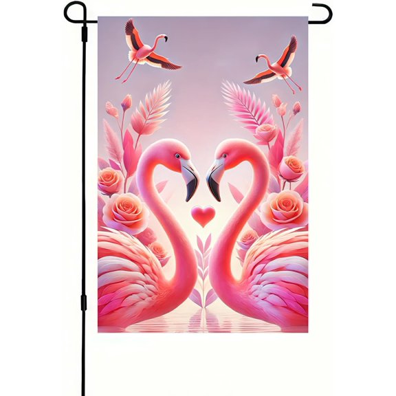 Valentines Day Flamingo Garden Flag 12x18 Inch Double Sided Love Flamingo Heart Floral Design Small Outdoor Yard Flag Romantic Welcome Banner for Porch Lawn Patio Spring Decor