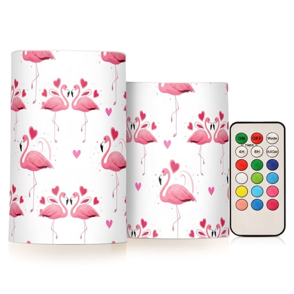Valentine's Day Flamingo Hearts Pattern Flameless LED Candle Set with Remote, Battery Operated Color Changing Pillar Candles, Set of 2