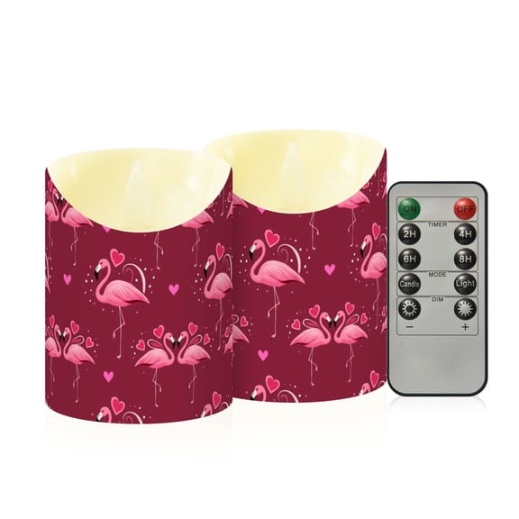 Valentine's Day Flamingo Love Pattern Flameless Candles 2 PCS with Remote Realistic Moving Flame LED Tapered Pillar Set for Home Decor