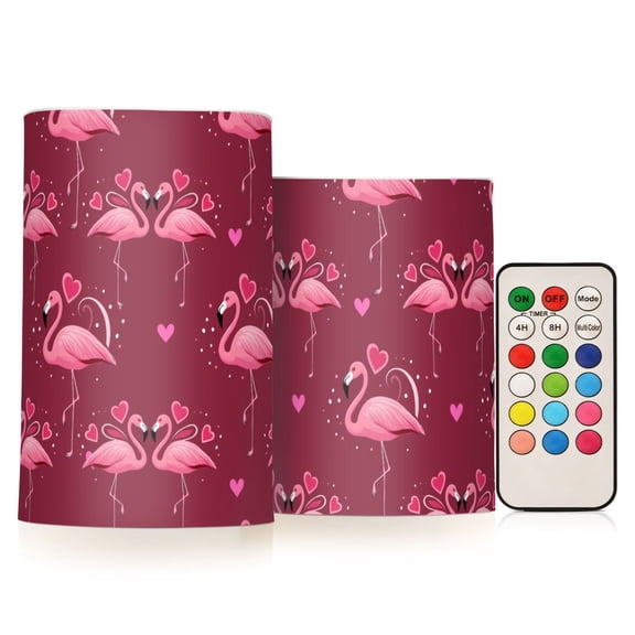 Valentine's Day Flamingo Love Pattern Flameless LED Candle Set with Remote, Battery Operated Color Changing Pillar Candles, Set of 2