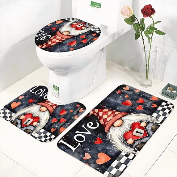 Valentine's Day Flannel Bathroom 3-Piece Set - Non-Slip Toilet Lid Cover + Bath Mat + U-Shaped Rug, Love Heart Gnome Pattern Decor