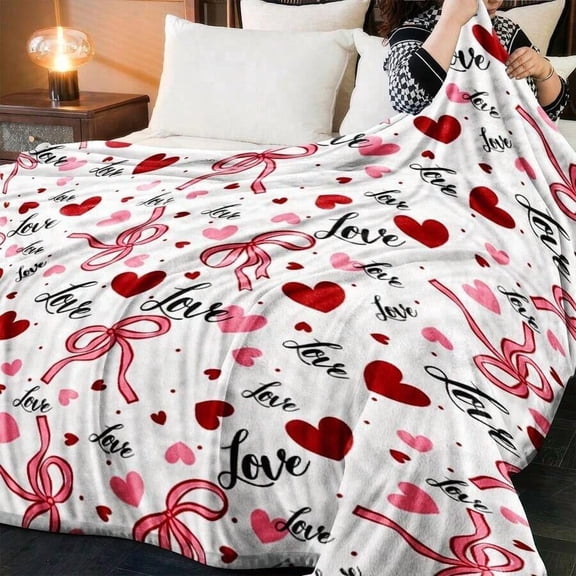 Valentine's Day Flannel Throw Blanket with Bow, Hearts & Love Letter Print, Soft Cozy Blanket for Couch, Bed, Travel, Camping, Gift for Her, Girlfriend, Wife, Anniversary, Wedding, Birthday
