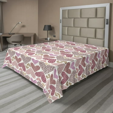 Valentine's Day Flat Sheet, Pattern of Ornamental Heart Shapes Scattered Randomly on a Plain Background, Soft Comfortable Top Sheet Decorative Bedding 1 Piece, 6 Sizes, Multicolor, by Ambesonne