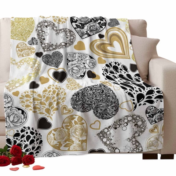 Valentine's Day Fleece Throw Blanket Lightweight Abstract Black Gold Roses Water Drops Love Heart Fuzzy Flannel Throws Super Soft Cozy Flannel Blanket for Couch, Sofa, Bed, Travel 40"x50"
