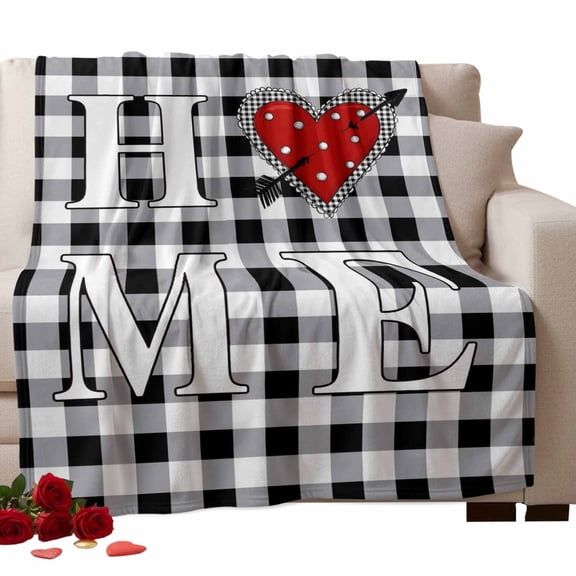 Valentine's Day Fleece Throw Blanket Lightweight Black White Checkered Red Heart Arrow Modern Fuzzy Flannel Throws Super Soft Cozy Flannel Blanket for Couch, Sofa, Bed, Travel 40"x50"