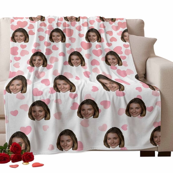 Valentine's Day Fleece Throw Blanket Lightweight Funny Girl Smile Face Picture Pink Love Heart Fuzzy Flannel Throws Super Soft Cozy Flannel Blanket for Couch, Sofa, Bed, Travel 50"x80"
