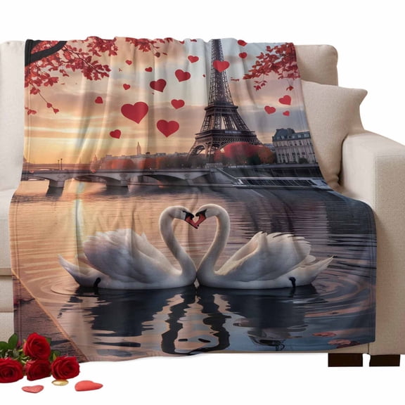 Valentine's Day Fleece Throw Blanket Lightweight Modern Sweet Swan Couple under Eiffel Tower Red Love Heart Fuzzy Flannel Throws Super Soft Cozy Flannel Blanket for Couch, Sofa, Bed, Travel 40"x50"