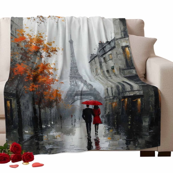 Valentine's Day Fleece Throw Blanket Lightweight Rainy Couple under Red Umbrella Paris Eiffel Tower Maple Leaf Fuzzy Flannel Throws Super Soft Cozy Flannel Blanket for Couch, Sofa, Bed 40"x50"