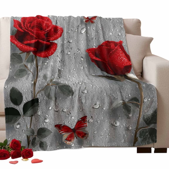 Valentine's Day Fleece Throw Blanket Lightweight Rainy Romantic Red Roses Floral Plant Butterfly Fuzzy Flannel Throws Super Soft Cozy Flannel Blanket for Couch, Sofa, Bed, Travel 60"x80"