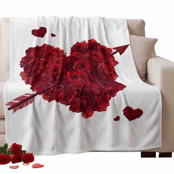 Valentine's Day Fleece Throw Blanket Lightweight Red Rose Flower Love Heart Arrow Decoration Fuzzy Flannel Throws Super Soft Cozy Flannel Blanket for Couch, Sofa, Bed, Travel 40"x50"