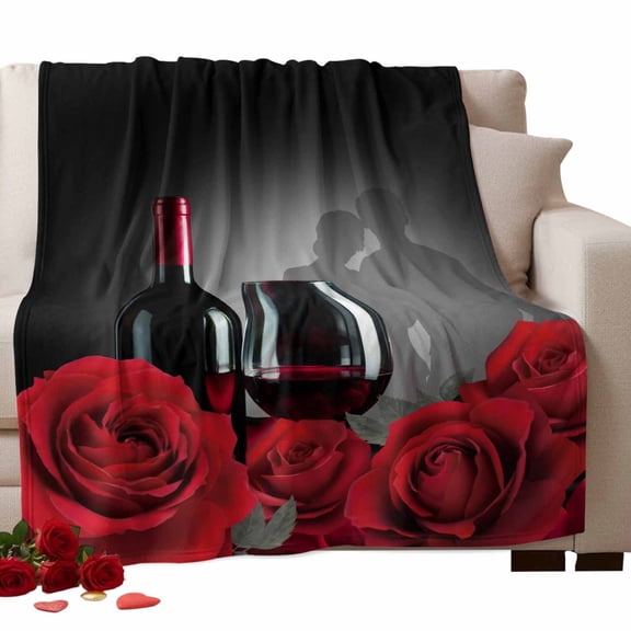 Valentine's Day Fleece Throw Blanket Lightweight Romantic Couple Lover Shadow Red Roses Floral Red Wine Fuzzy Flannel Throws Super Soft Cozy Flannel Blanket for Couch, Sofa, Bed, Travel 40"x50"