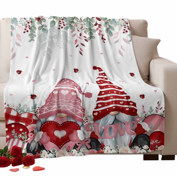 Valentine's Day Fleece Throw Blanket Lightweight Romantic Gnome Couple Red Pink Love Heart Floral Leaf Fuzzy Flannel Throws Super Soft Cozy Flannel Blanket for Couch, Sofa, Bed, Travel 40"x50"