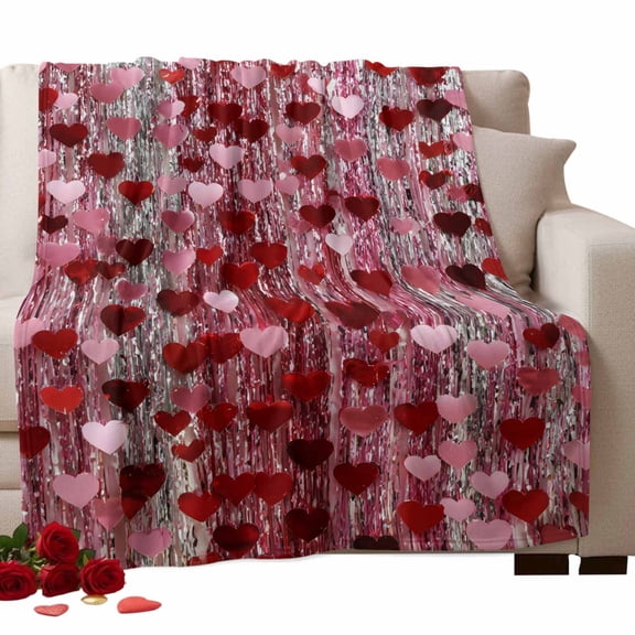 Valentine's Day Fleece Throw Blanket Lightweight Romantic Ombre Pink Falling Love Heart Shiny Foil Fringe Fuzzy Flannel Throws Super Soft Cozy Flannel Blanket for Couch, Sofa, Bed, Travel 50"x60"