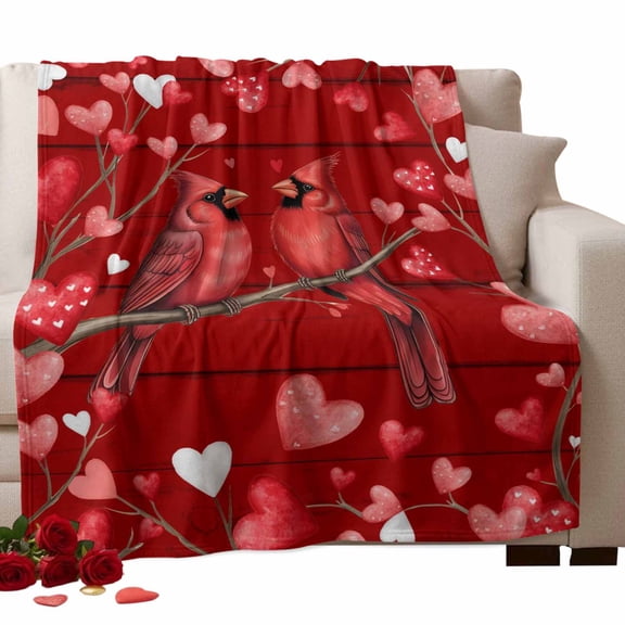 Valentine's Day Fleece Throw Blanket Lightweight Romantic Red Birds Pink White Love Heart Red Wood Grain Fuzzy Flannel Throws Super Soft Cozy Flannel Blanket for Couch, Sofa, Bed, Travel 40"x50"