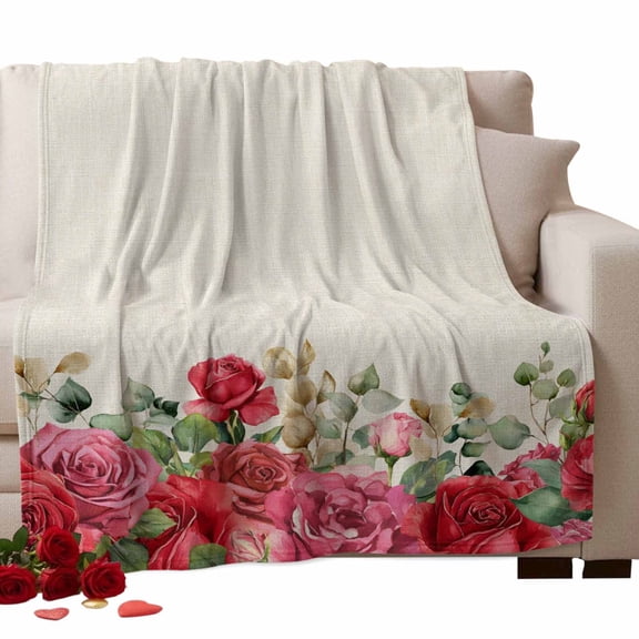 Valentine's Day Fleece Throw Blanket Lightweight Roses Eucalyptus Leaf Watercolor Rustic Fuzzy Flannel Throws Super Soft Cozy Flannel Blanket for Couch, Sofa, Bed, Travel 50"x80"