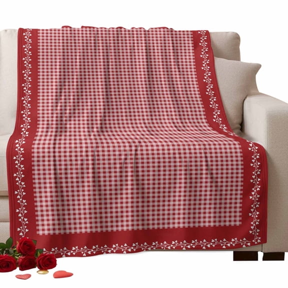 Valentine's Day Fleece Throw Blanket Lightweight Vintage Red White Buffalo Plaid Branches Lace Border Fuzzy Flannel Throws Super Soft Cozy Flannel Blanket for Couch, Sofa, Bed, Travel 50"x80"
