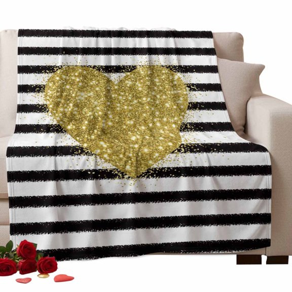 Valentine's Day Fleece Throw Blanket Lightweight Vintage Shiny Gold Love Romantic Black White Stripes Fuzzy Flannel Throws Super Soft Cozy Flannel Blanket for Couch, Sofa, Bed, Travel 40"x50"