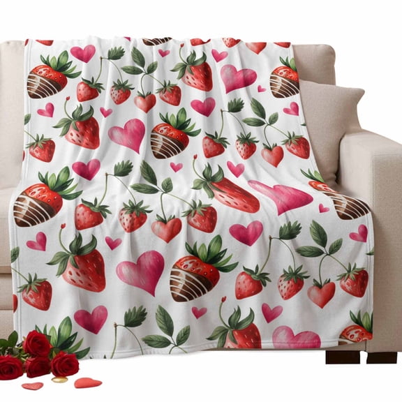 Valentine's Day Fleece Throw Blanket Lightweight Watercolor Pink Love Strawberry Romantic Heart Fuzzy Flannel Throws Super Soft Cozy Flannel Blanket for Couch, Sofa, Bed, Travel 40"x50"