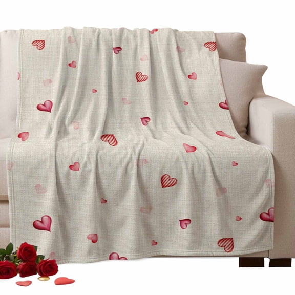 Valentine's Day Fleece Throw Blanket Lightweight Watercolor Romantic Gradient Pink Love Heart Linen Texture Fuzzy Flannel Throws Super Soft Cozy Flannel Blanket for Couch, Sofa, Bed, Travel 50"x80"