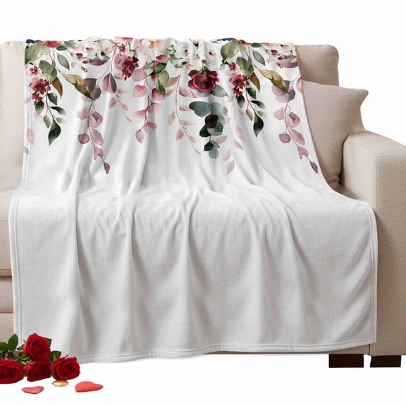 Valentine's Day Fleece Throw Blanket Lightweight Watercolors Red Blue Rose Eucalyptus Leaves Fuzzy Flannel Throws Super Soft Cozy Flannel Blanket for Couch, Sofa, Bed, Travel 50"x80"