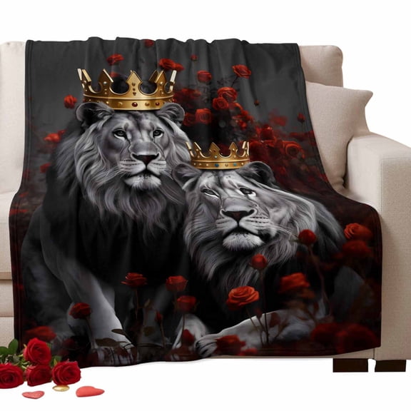 Valentine's Day Fleece Throw Blanket Lightweight Wild Lion Couple Gold King Queen Red Rose Floral Grey Fuzzy Flannel Throws Super Soft Cozy Flannel Blanket for Couch, Sofa, Bed, Travel 60"x80"