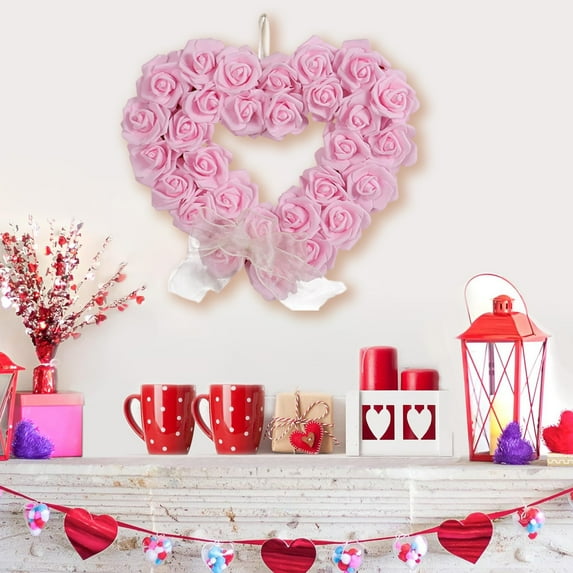Valentine's Day Floral Wreath, Heart Shaped Red Rose Garland, Wedding and Engagement Door Decoration for Special Occasions and Parties