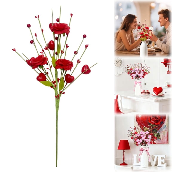 Valentine's Day Flower Berry Picks - Red, Pink Heart Shaped Artificial Stems for Vase Filler, Wedding, Anniversary, Home & Party Decor, By Preplabs