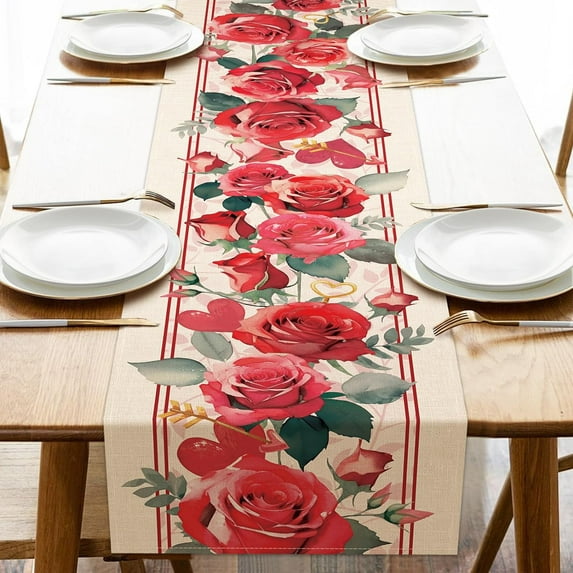 Valentine''s Day Flower Floral Table Runner, Red Rose Love Heart Arrow Holiday Kitchen Dining Table Decor, Anniversary Wedding Home Decoration Indoor Outdoor Party Supply 13 x 72 Inches