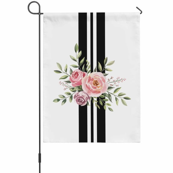 Valentine's Day Flower Garden Flags For Outdoor, Watercolor Pink Rose Floral Green Leaf Black Stripes Small Double Side Yard Flags Weather Proof Garden Decor for Lawn Outside Holiday 12 x 18 Inches