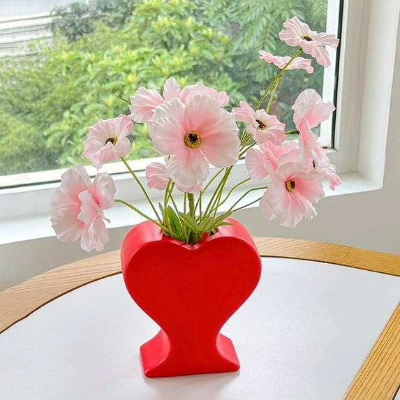 Valentine's Day Flower Vase Ornament, Decorative Red Heart Shape Vase, Unique Resin Flower Vase for Home Office Table Book Shelf Living Room Decor, Housewarming Gift