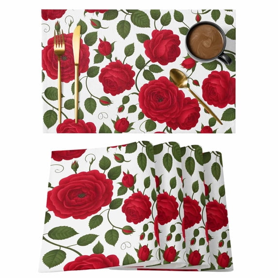 Valentine's Day Flowers Placemats Set of 4, Red Roses Floral Green Leaves Botanical Non-Slip Place Mats Washable Table Mats for Kitchen Dining Table Decorations Indoor/Outdoor