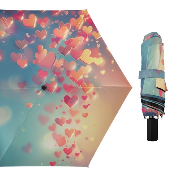 Valentine's Day Flying Hearts Compact Sun Umbrella Windproof Travel Umbrellas for Rain Strong Portable UV Protection