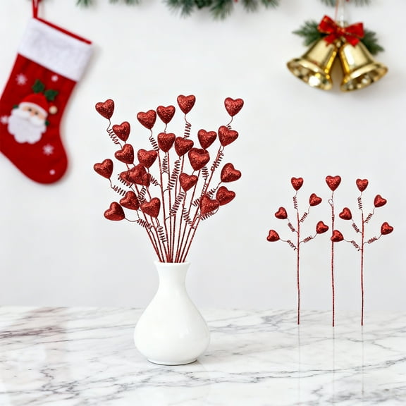 Valentine's Day Foam Heart Sparkle Branch - Spring Heart-Shaped Glitter Decor with Flexible Spring Design, Perfect for Wedding Venue Arrange, Party Stage Props & home Accents, 15.75in, Red