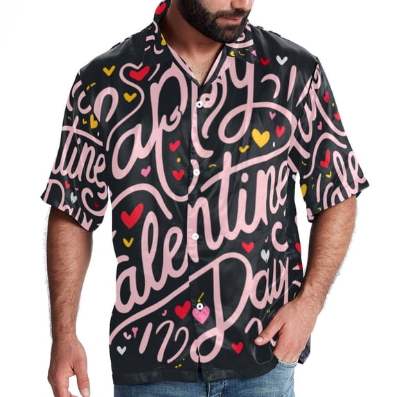 Valentine's Day Font Men's Casual Printed Button Down Short Sleeve Beach Shirts