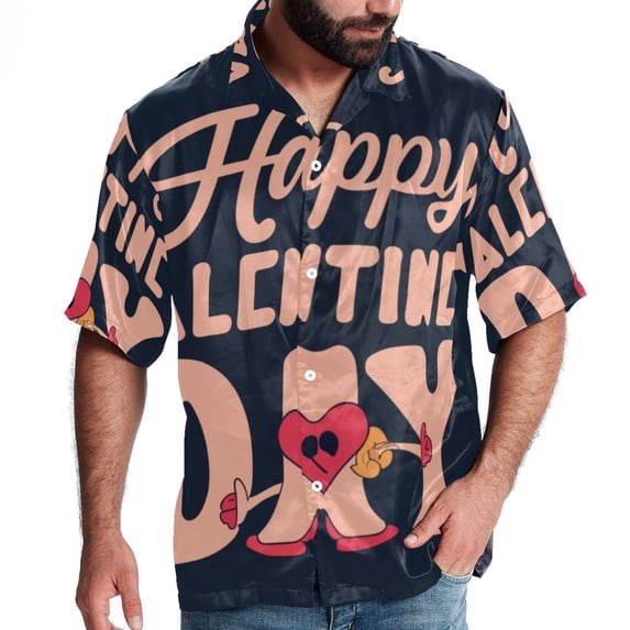Valentine's Day Font Men's Hawaiian Poplin Casual Printed Button Down Short Summer Beach Shirts, Unisex