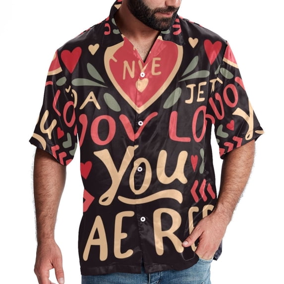 Valentine's Day Font Men's Hawaiian Short Sleeve Printed Button Down Poplin Casual Summer Beach Shirt, Unisex