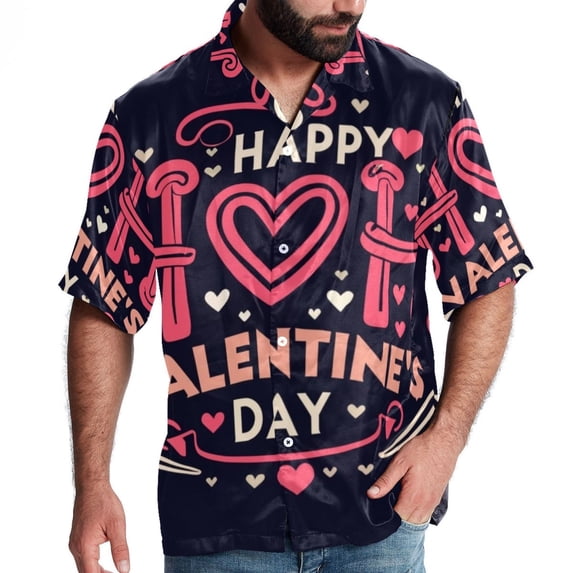 Valentine's Day Font Men's Short Sleeve Casual Printed Button Down Beach Shirt - Summer Hawaiian Top
