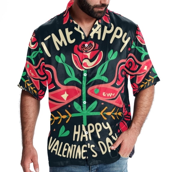 Valentine's Day Font Men's Short Sleeve Poplin Beach Shirts, Casual Printed Button Down Summer Hawaiian Shirt - Unisex