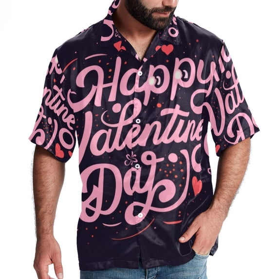 Valentine's Day Font Men's Short Sleeve Poplin Button Down Shirts - Casual Printed Summer Beach Tops for Men