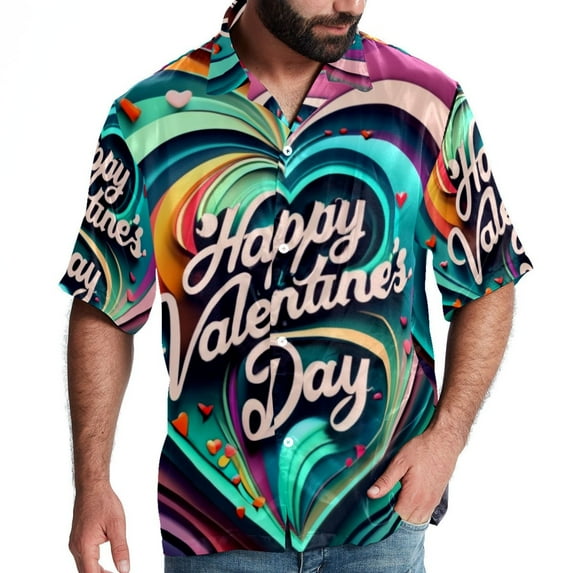 Valentine's Day Font Men's Short Sleeve Poplin Shirts with Spread Collar Tops, Casual Printed Button Down Short Summer Beach Shirts for Men and Women