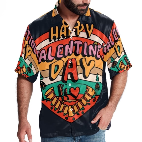 Valentine's Day Font Men's Short Sleeve Printed Button Down Beach, Casual, Poplin Shirts for Summer Vacation