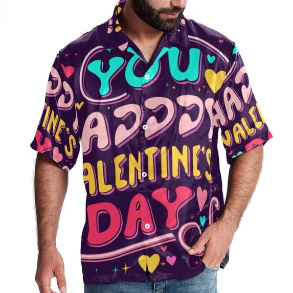 Valentine's Day Font Men's Short Sleeve Shirts, Casual Hawaiian Print Button Down Summer Beach Top Unisex