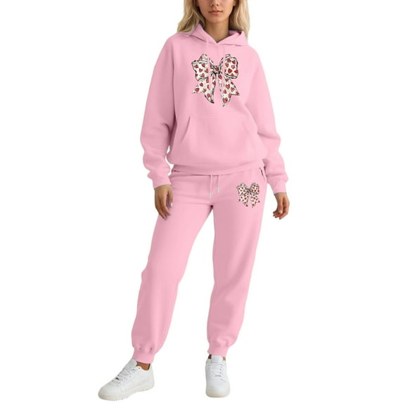 Valentine's Day Funny Bow Graphic Sweatsuit - Women's 2 Piece Hoodie Jogger Athletic Outfit