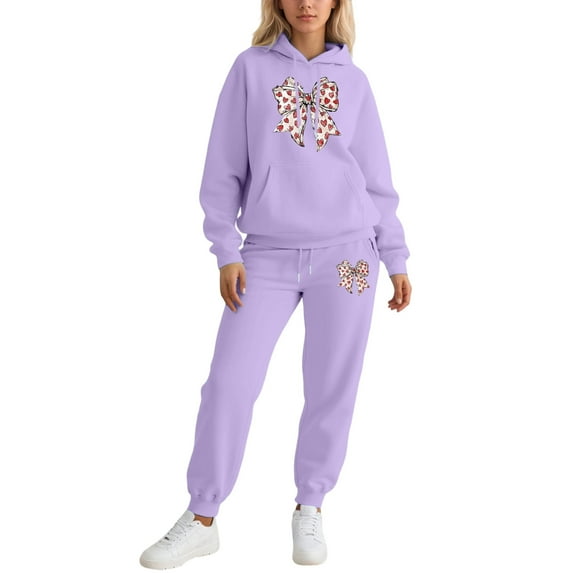 Valentine's Day Funny Bow Graphic Sweatsuit - Women's 2 Piece Hoodie Jogger Athletic Outfit