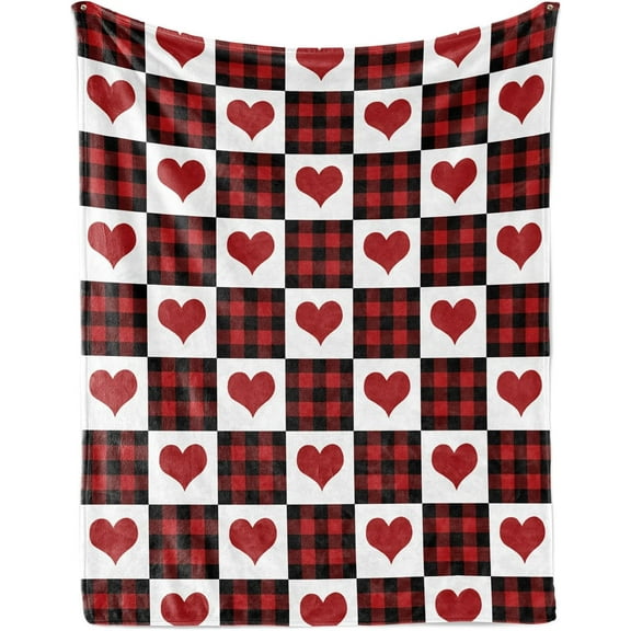 Valentine''s Day Fuzzy Blanket Red Black Heart Plaid Throw Blanket Decorative Soft Cozy Flannel Blanket for Home Bed Sofa Couch Chair, 50 x 60 Inch