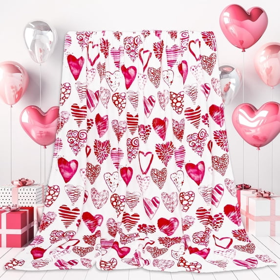 Valentine''s Day Fuzzy Blanket Watercolor Love Heart Throw Blanket Pink Heart Pattern Decorative Soft Cozy Flannel Blanket for Home Bed Sofa Couch Chair, 50 x 60 Inch