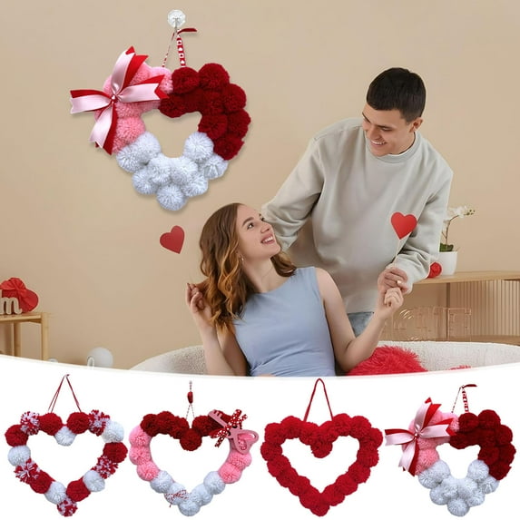 Valentine's Day Fuzzy Heart Pom-Pom Garland - Soft Loves Ball String Decor, Romantic Room Party Decoration, Colorful Fluffy Garland, Perfect for Home Indoor Party, 11.02*9.45in, D