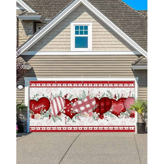 Valentine's Day Garage Door Banner Covers, Red Pink Stripes Plaid Dots Love Heart Pink Lip Print Large Hanging Indoor/Outdoor Backdrop Background for Christmas Winter Party Decor, 6.9x16 FT